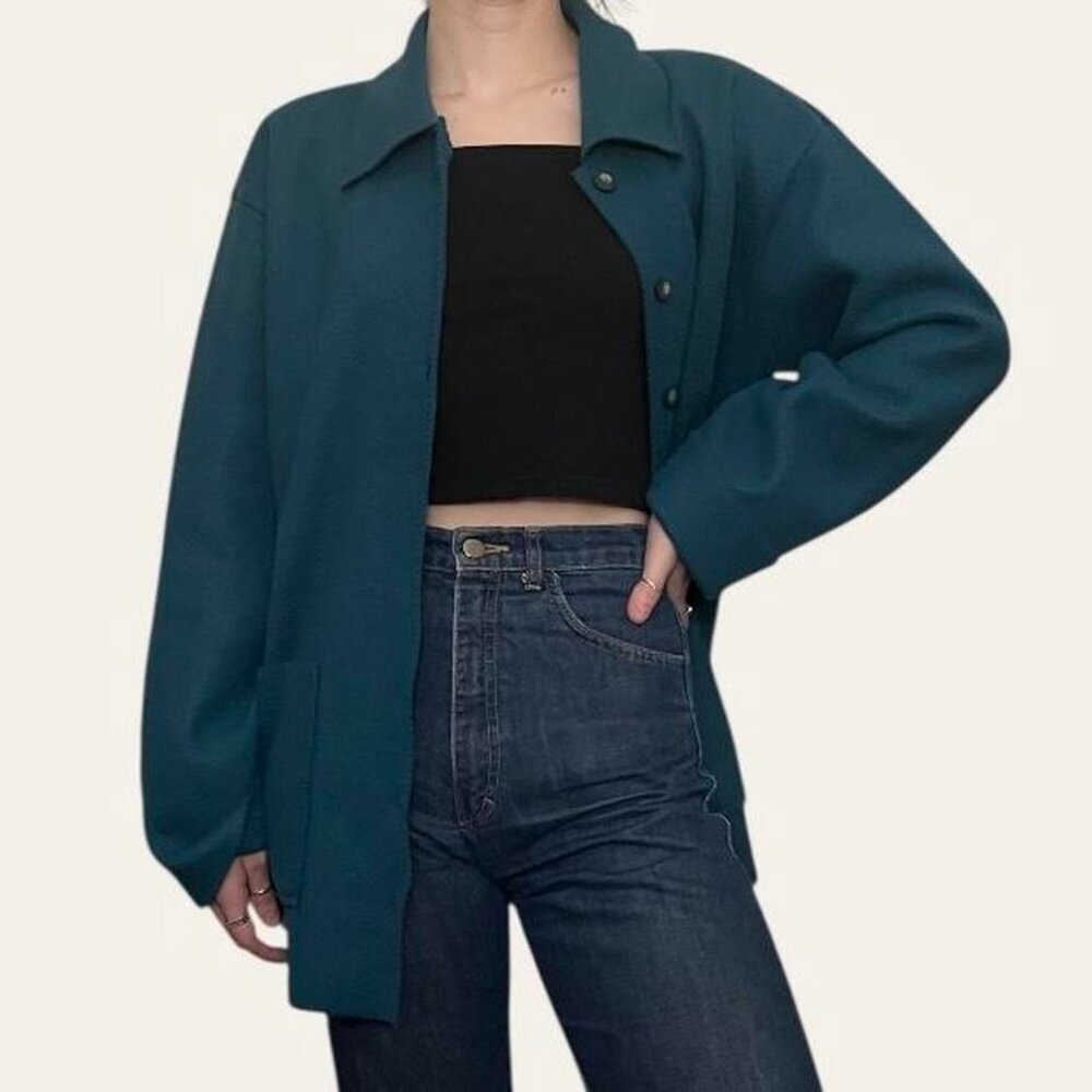 Partners 2000s vintage dark teal fleece button-up shacket felt coat - small